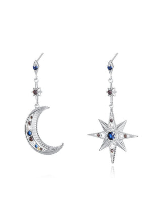 LARGE MOON AND STAR WITH BLUE STONES EARRINGS