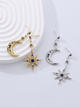 LARGE MOON AND STAR WITH BLUE STONES EARRINGS