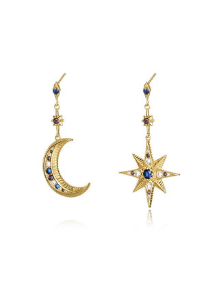 LARGE MOON AND STAR WITH BLUE STONES EARRINGS