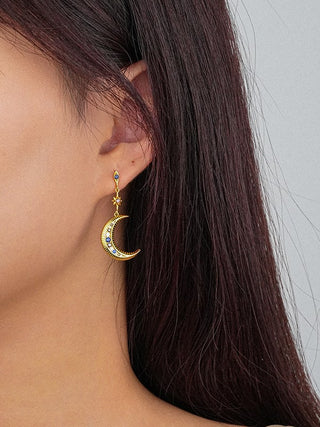 LARGE MOON AND STAR WITH BLUE STONES EARRINGS