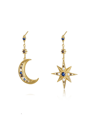 LARGE MOON AND STAR WITH BLUE STONES EARRINGS