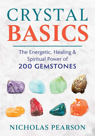 Book cover for 'CRYSTAL BASICS' featuring a collection of various colored gemstones and the title text.