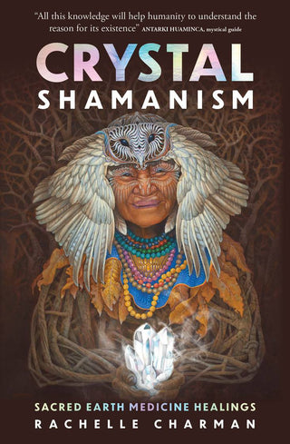 Cover of the book 'Crystal Shamanism' featuring a stylized illustration of a figure holding crystals, with a background of a forest and a full moon.